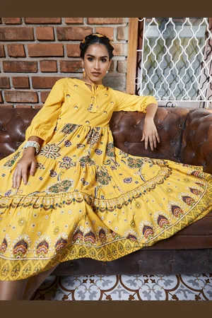 Sangria Yellow & Navy Blue Ethnic Motifs Tie-Up Neck Ethnic A-Line Tiered Dress