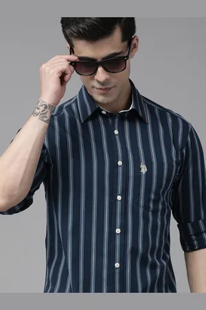 U.S. Polo Assn. U S Polo Assn Men Navy Blue And Grey Tailored Fit Striped Pure Cotton Casual Shirt
