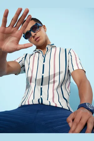 Mast & Harbour Men Cloud White Pure Cotton Striped Casual Forever Vacay Pastel Bars Shirt