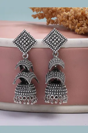 NVR Women Traditional Oxidised Silver Plated Jhumka Earrings