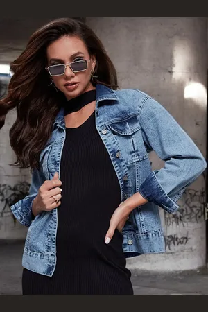 Miss Chase Women Spread Collar Washed Solid Cotton Casual Denim Jacket