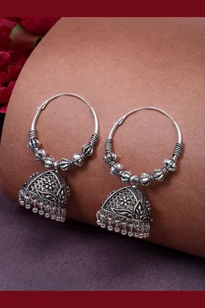NVR Women Silver Plated Oxidised Contemporary Jhumka Earrings