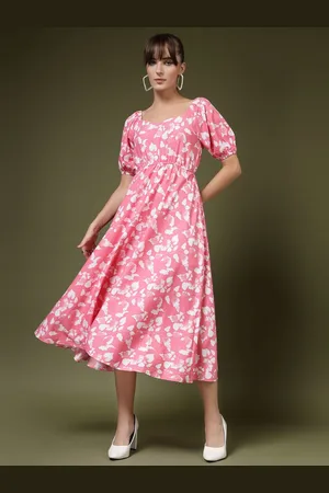 DressBerry Floral Print Puff Sleeve Crepe Fit & Flare Maxi Dress