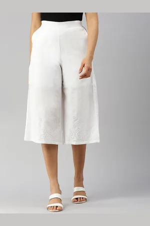 De Moza Women Hem Embroidered Original Fit Cotton Three-Fourth Length Culottes Trousers