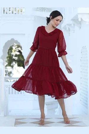 Jaipur Women Self Design Bell Sleeve Fit & Flare Midi Dress