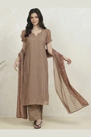 Biba Floral Embroidered Thread Work Silk Georgette Unstitched Dress Material