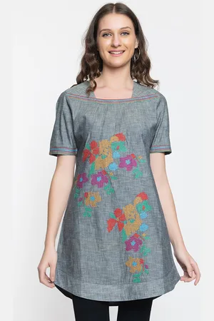 Elthia Floral Embroidered Thread Work Denim Straight Kurti