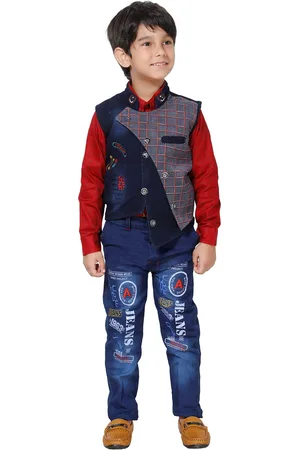 DKGF FASHION Boys Red & Blue Shirt with Trousers & Waistcoat