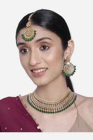 Peora Off-White & Green Gold-Plated Kundan Studded Antique Jewellery Set