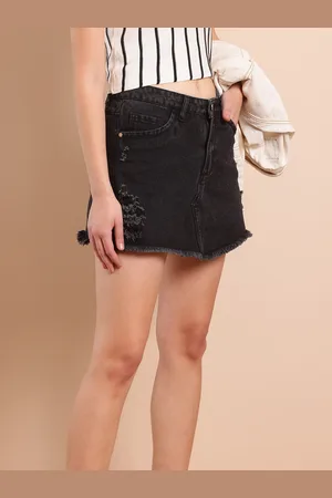 Mast & Harbour Women Distressed Straight Fit Frayed Hem Denim Mini Skirt