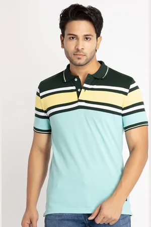 Status Quo Men Blue Striped Polo Collar Cotton T-shirt