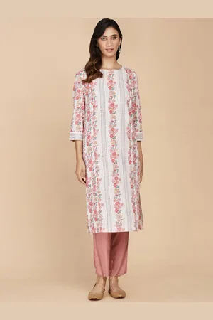 Fabindia Round Neck Floral Printed Cotton Straight Kurta