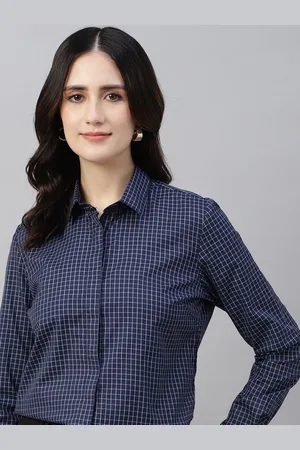 English Navy Women Micro Checks Opaque Checked Formal Shirt