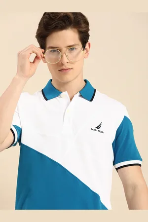 Nautica Men White & Teal Blue Colourblocked Polo Collar T-shirt