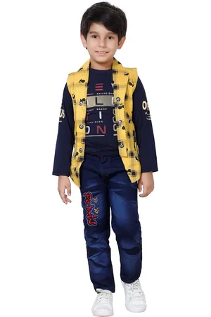 DKGF FASHION Boys Yellow & Blue Printed 3-Piece Clothing Set