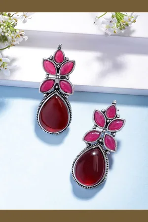NVR Women Red Artificial Stones Silver Plated Drop Earrings