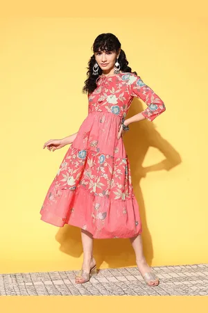Kalini Floral Print Pure Cotton A-Line Midi Dress