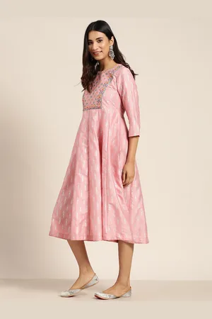 Sangria Pink & White Ethnic Motifs Midi A-Line Dress