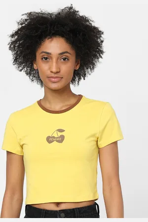 ONLY Women Yellow Printed Slim Fit Cotton T-shirt