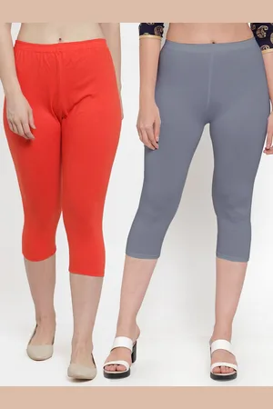 GRACIT Women Grey & Orange Set Of 2 Cotton Lycra Capris
