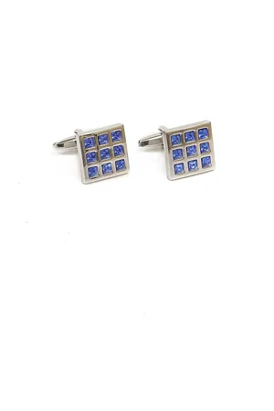 Calvadoss Men Silver-Toned & Blue Stoned Studded Square Cufflinks