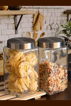 Roxx Transparent Set of 2 Glass Trigo Storage Jar With Lid