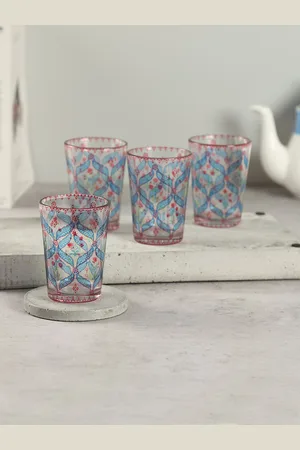 Krsnaa Mehta Blooming 4 Pieces Blue Dahlia Printed Chai Glass 140 ml Each