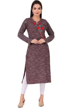 Elthia Floral Embroidered Chevron Mandarin Collar Woollen Straight Kurta