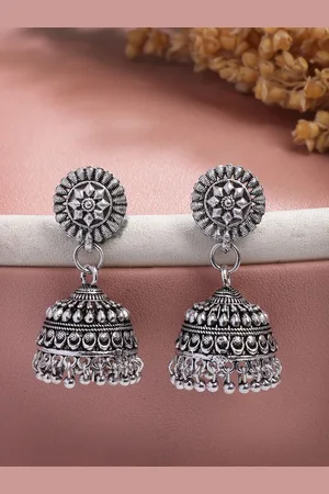 NVR Women Silver Plated Traditional Oxidized Jhumka Earrings