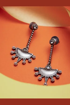 ATIBELLE Silver-Plated Beaded & Stone Studded Geometric Drop Earrings