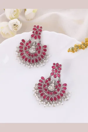 Dastoor Silver-Plated Stone-Studded & Beaded Silver Contemporary Oxidised Drop Earrings