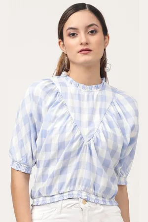 CENTRESTAGE Women White & Blue Polyester Checked Top