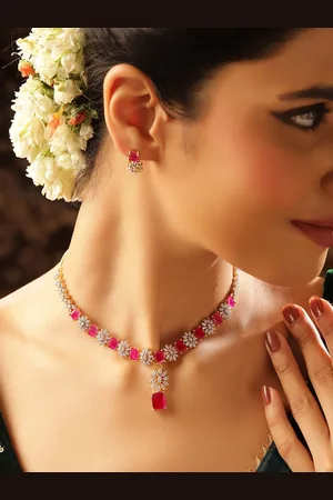 Priyaasi Gold-Plated AD Stone Studded Floral Necklace and Earrings