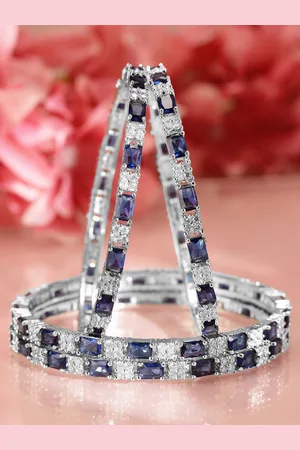 Rubans Set of 4 Rhodium-Plated Blue Sapphire & Cubic Zirconia Studded Premium Bangles