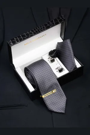 MUTAQINOTI Men Textured Silk Necktie Accessory Gift Set