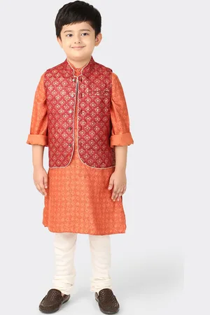Fabindia Boys Red & Gold-Toned Printed Pure Silk Woven Nehru Jacket