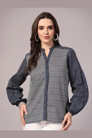 Kalini Women Relaxed Fit Mandarin Collar Chevron Printed Cotton Casual Shirt