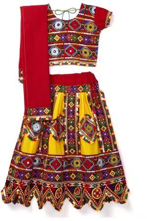Banjara Girls Yellow & Red Embroidered Ready to Wear Lehenga & Blouse With Dupatta