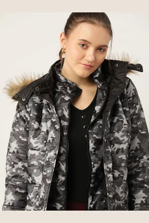 DressBerry Women Grey & Black Camouflage Print Longline Parka Jacket