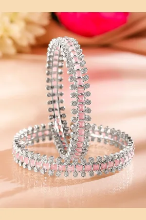 Rubans Set of 2 Rhodium Plated Pastel Pink & White Cubic Zirconia Studded Luxe Bangles