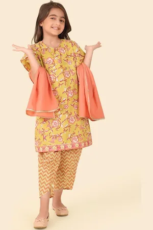 Fabindia Girls Ethnic Motifs Printed Pure Cotton Straight Kurta With Salwar & Dupatta