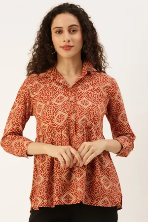 De Moza Ethnic Motifs Printed Shirt Collar Pure Cotton Empire Top