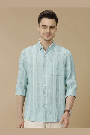 Linen Club Men Contemporary Spread Collar Vertical Striped Linen Slim Fit Casual Shirt