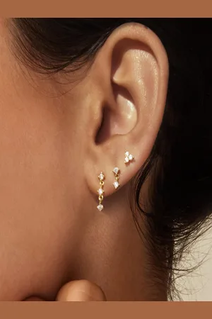 AQUASTREET Set of 3 14K Gold-Plated Single Ear Piercing Antitarnish Zircon Earrings