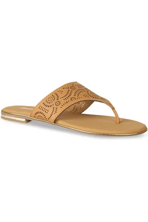 Bata Women Tan Brown Laser Cut PU Open Toe Flats
