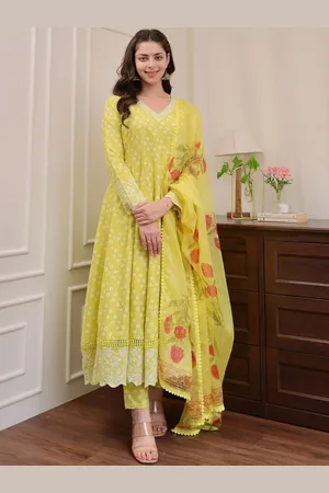 Moda Rapido Bandhani Printed V-Neck Anarkali Pure Cotton Kurta With Trousers And Dupatta