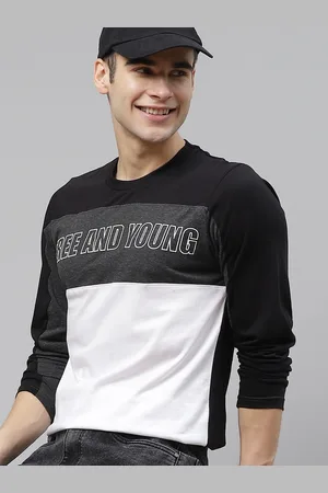 HERE&NOW HERENOW Men White Black Pure Cotton Colourblocked Round Neck Pure Cotton T-shirt