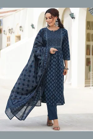 AUTUMN LANE Women Ethnic Motifs Printed Regular Pure Cotton Kurta with Trousers & With Dupatta