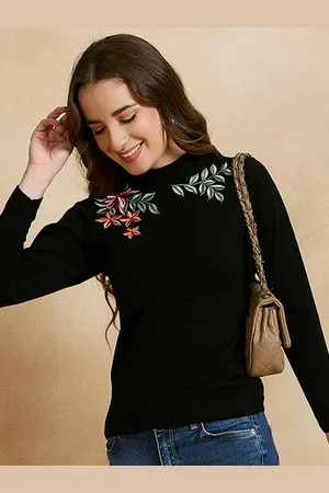 CLAPTON Women Embroidered Woollen Long Sleeves Pullover Sweater