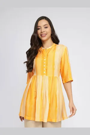 Pink Fort Women Rayon Stripe Play Tunic Yellow
